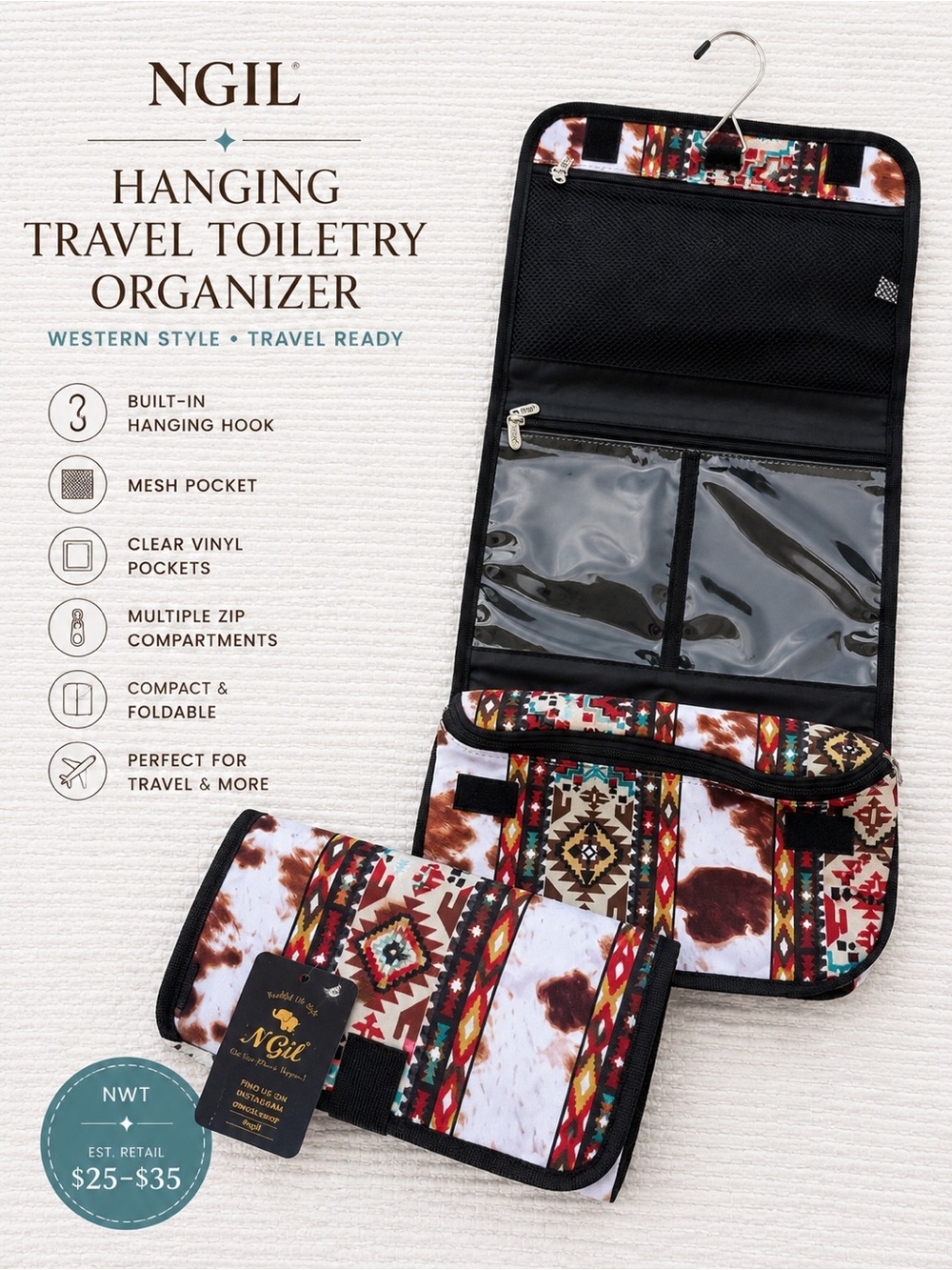 NGIL Western Cow Print Hanging Travel Toiletry Organizer Cosmetic Bag NWT